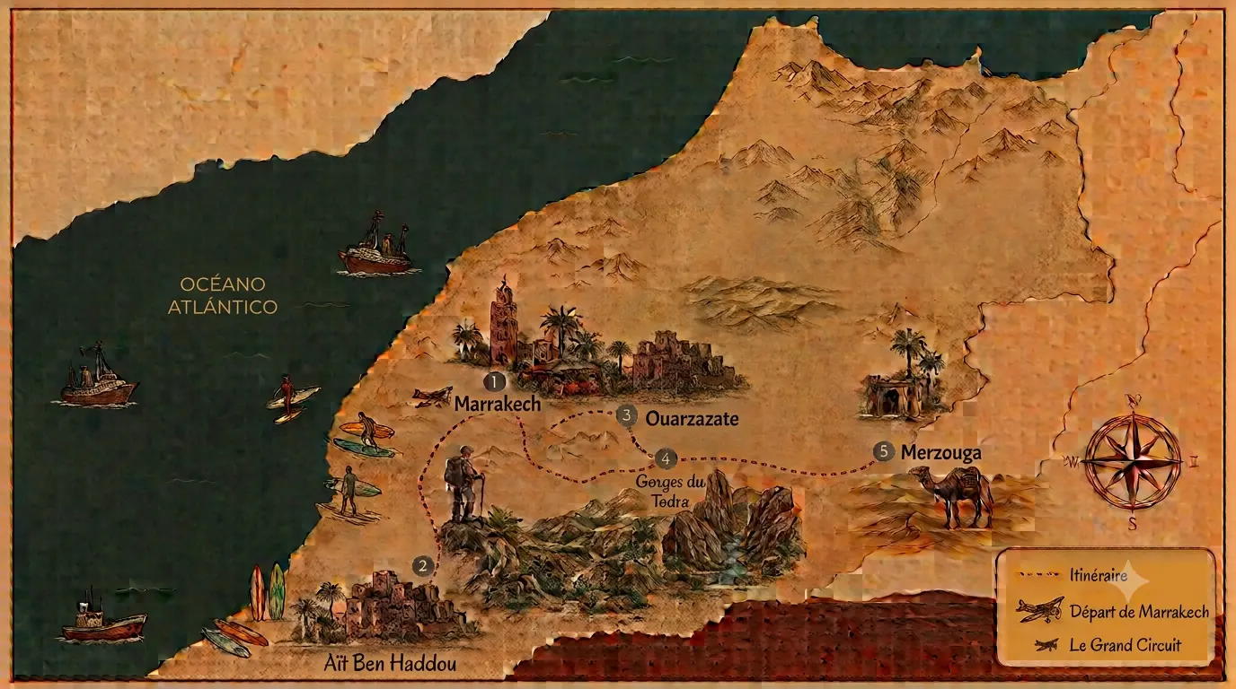 Geïllustreerde kaart van het woestijncircuit vanaf Marrakech: route via Ouarzazate, Aït Ben Haddou, de Todra-kloof en de duinen van Merzouga (erg Chebbi), vertrek en terugkeer in Marrakech