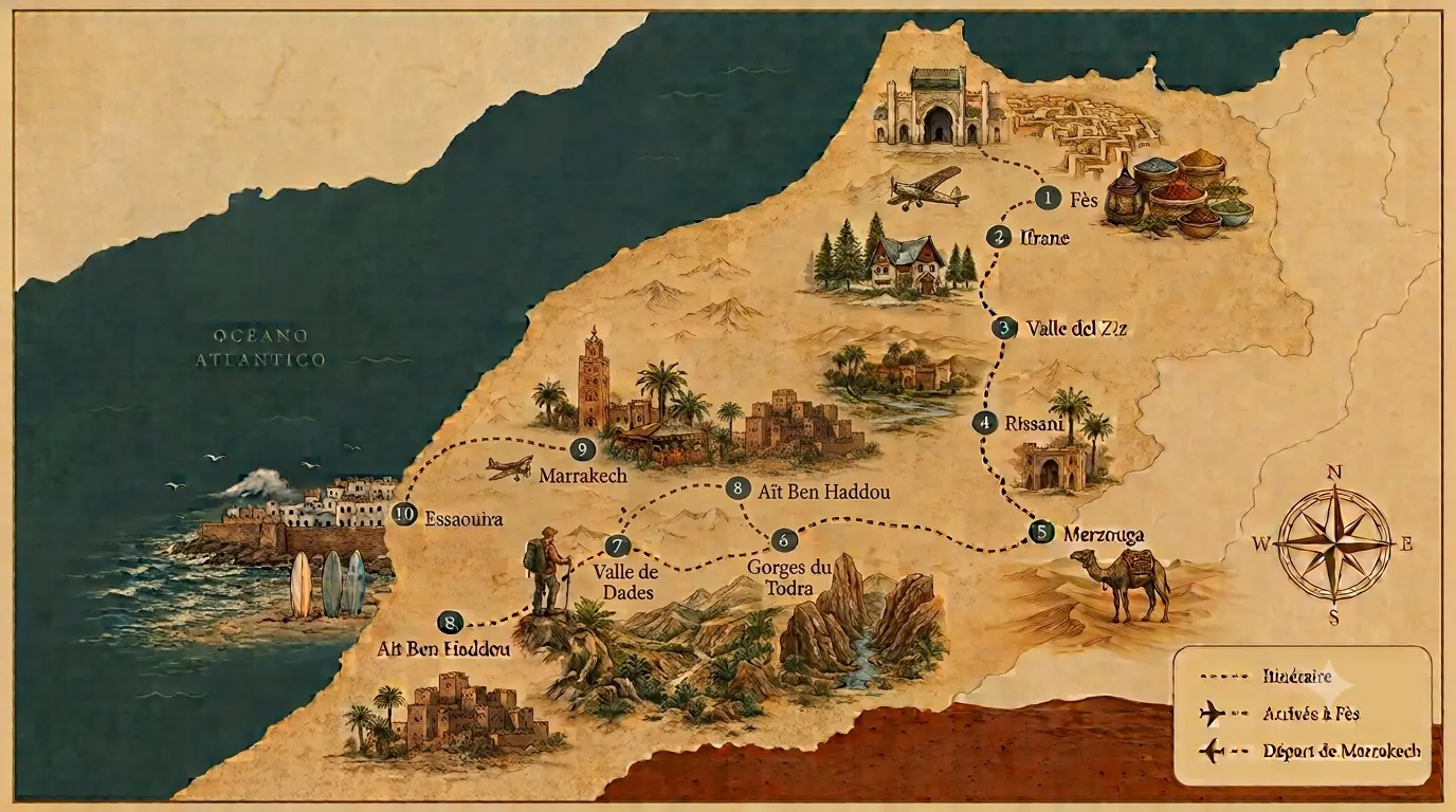 Illustrierte Karte der 7-tägigen Wüstentour Fès Marrakesch: Route von Fès über Ifrane, das Ziz-Tal, Rissani, Merzouga, die Todra-Schluchten, das Dadès-Tal, Aït Ben Haddou, Marrakesch und Essaouira, mit Ankunft in Fès und Abreise ab Marrakesch.